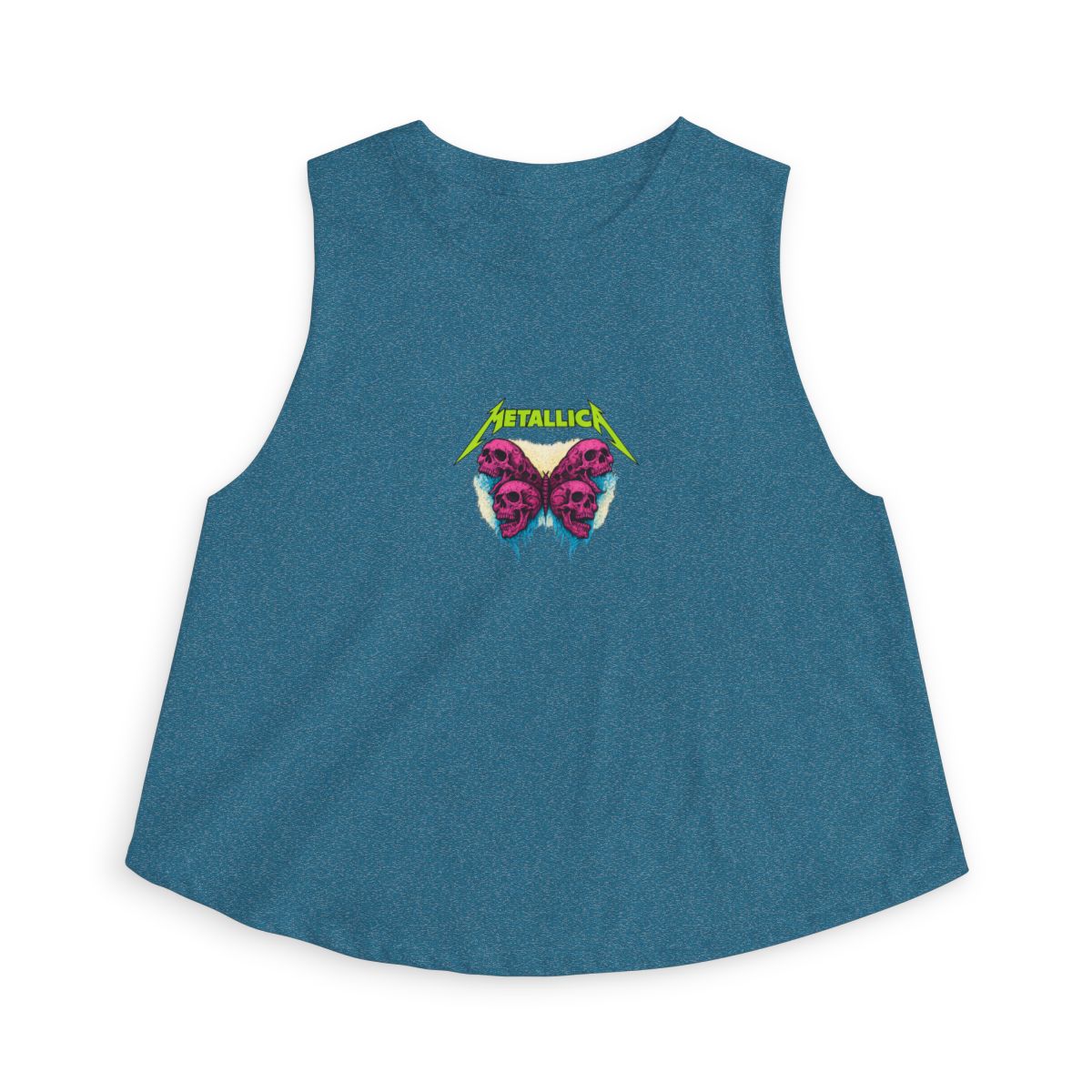 Black crop top with a butterfly design composed of skulls. The word "METALLICA" is printed in neon green above the butterfly. The butterfly design is in shades of pink and purple with blue accents. - alternate angle 2, merchandise