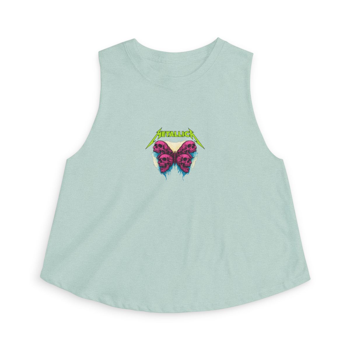 Black crop top with a butterfly design composed of skulls. The word "METALLICA" is printed in neon green above the butterfly. The butterfly design is in shades of pink and purple with blue accents. - alternate angle 5, merchandise