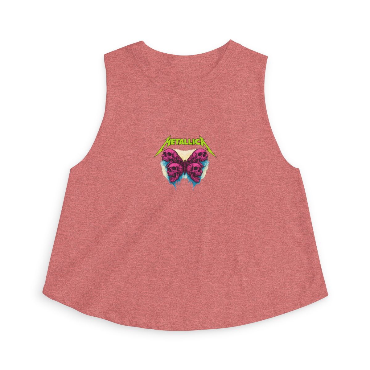 Black crop top with a butterfly design composed of skulls. The word "METALLICA" is printed in neon green above the butterfly. The butterfly design is in shades of pink and purple with blue accents. - alternate angle 3, merchandise