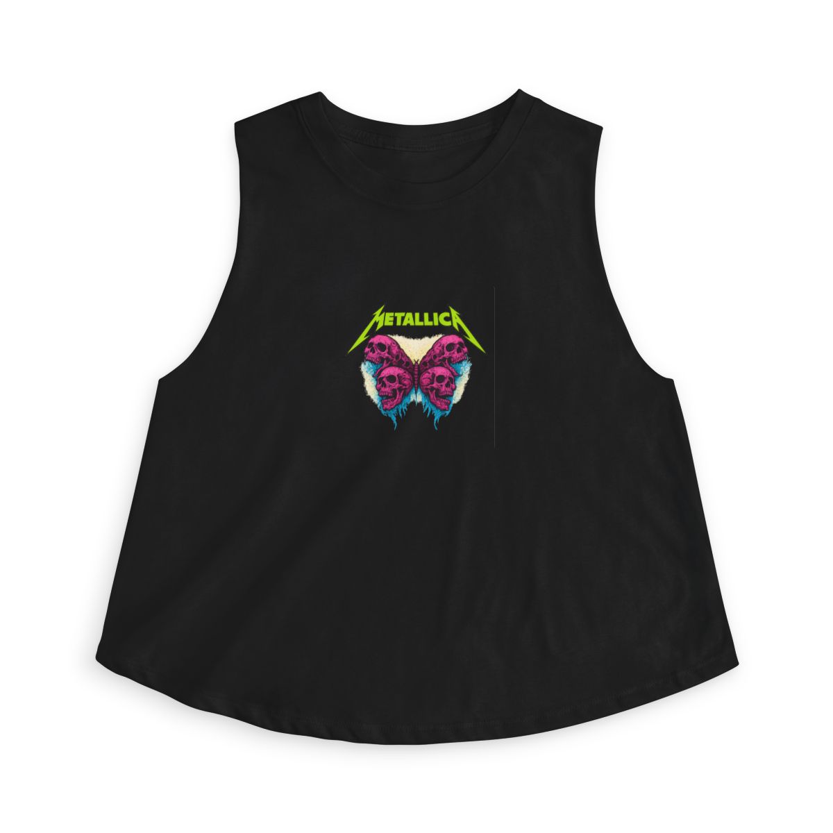 Black crop top with a butterfly design composed of skulls. The word "METALLICA" is printed in neon green above the butterfly. The butterfly design is in shades of pink and purple with blue accents. - alternate angle 4, merchandise
