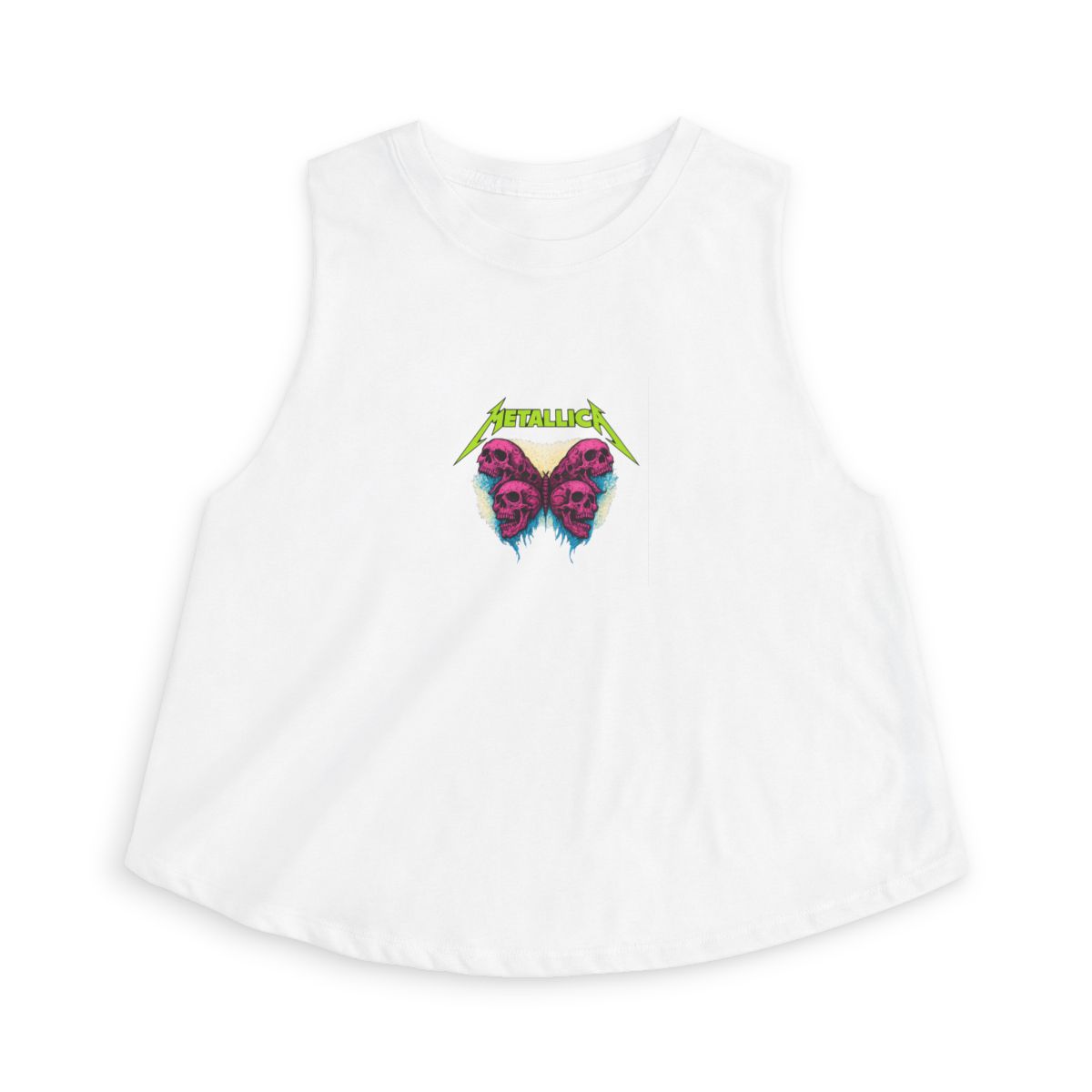 Black crop top with a butterfly design composed of skulls. The word "METALLICA" is printed in neon green above the butterfly. The butterfly design is in shades of pink and purple with blue accents. - Official Posters & Wall Art merchandise