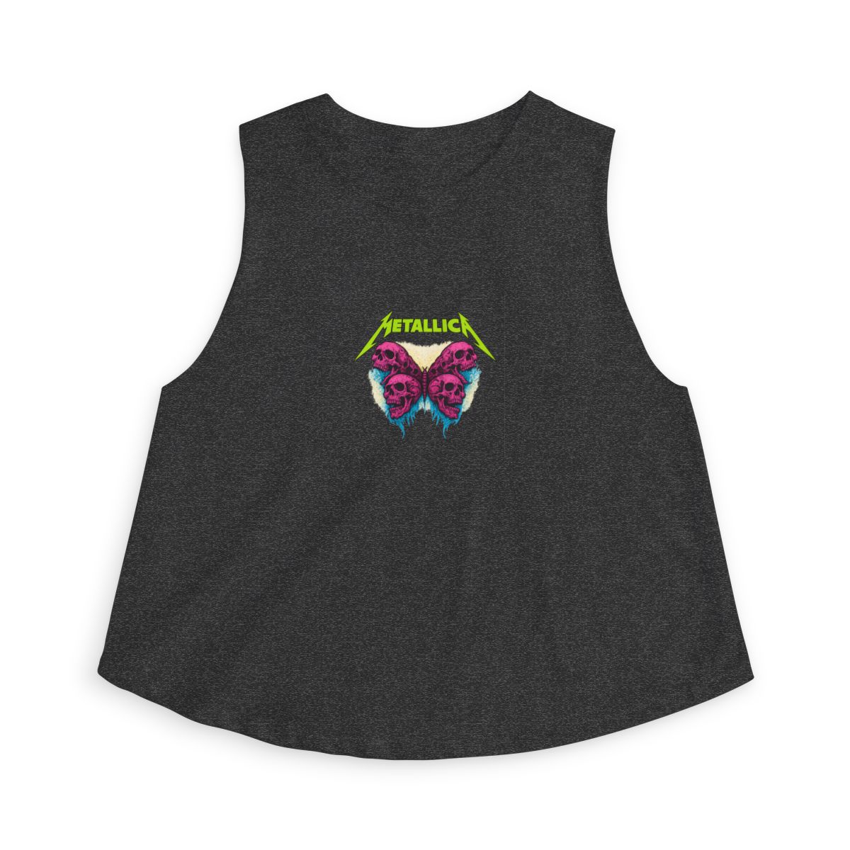 Black crop top with a butterfly design composed of skulls. The word "METALLICA" is printed in neon green above the butterfly. The butterfly design is in shades of pink and purple with blue accents.